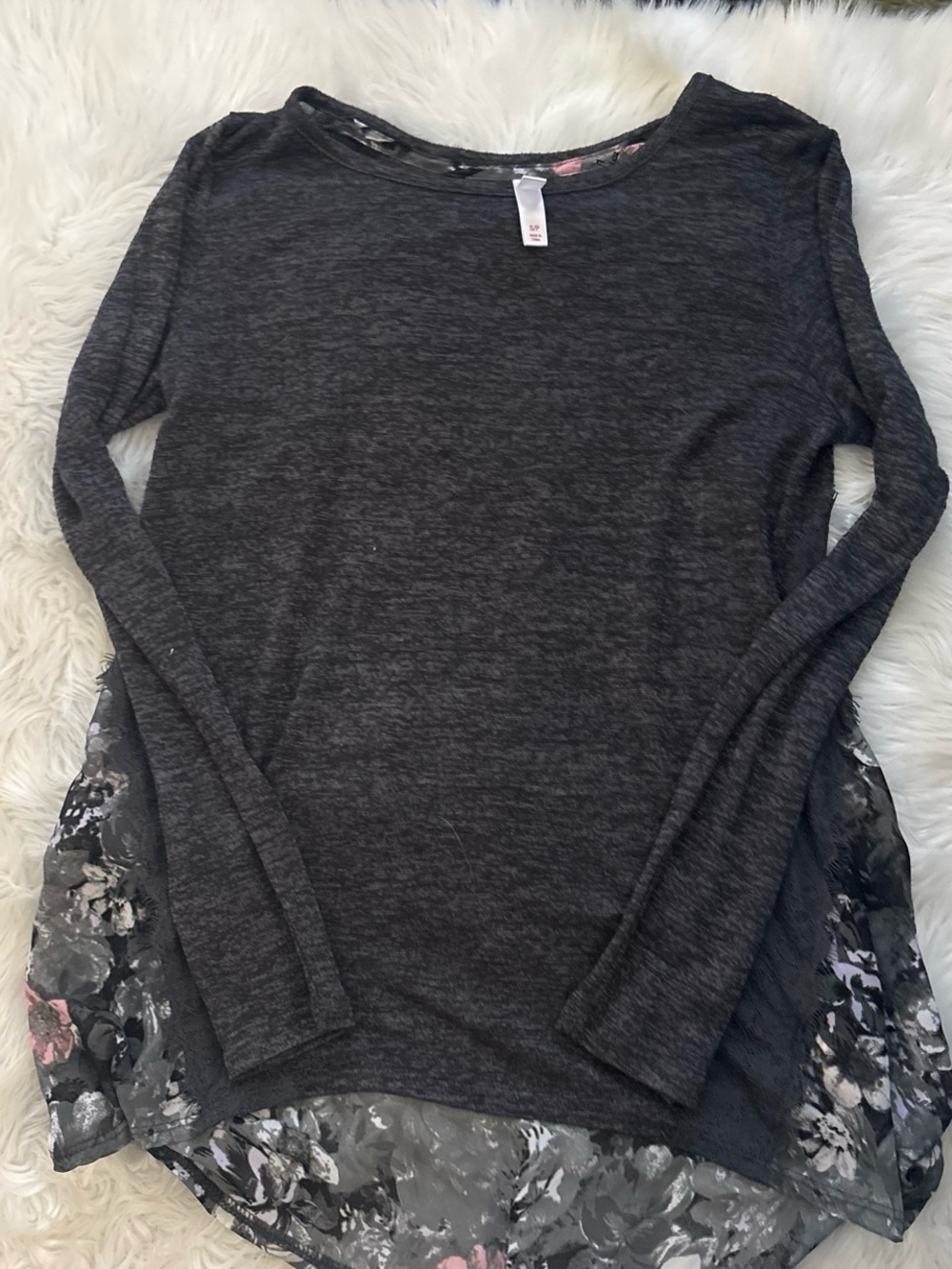 Women's Charcoal Gray Long-Sleeve Layered Top with Floral Hem